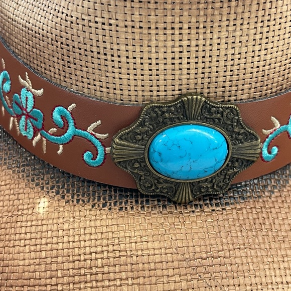 Western cowboy/cowgirl hat washed straw turquoise embroidered accents - Picture 3 of 6